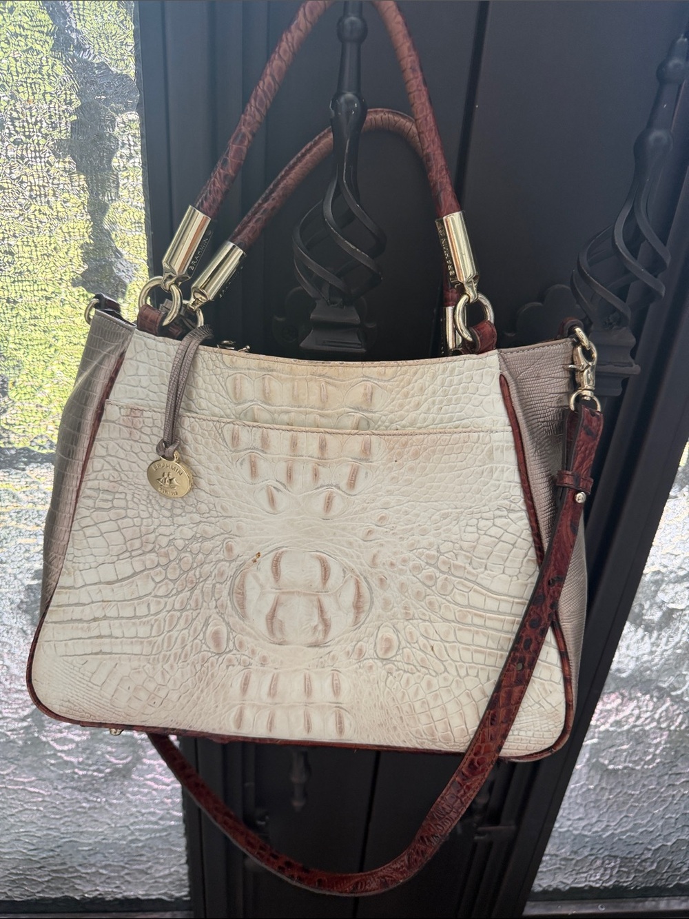 Brahmin Croc-Embossed Shoulder Bag in Cream and Brown - Picture 3 of 7